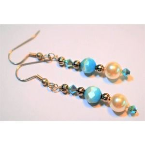 Swarovski Bicone Crystal, White Pearl and Blue Faceted Cats Eye Earrings